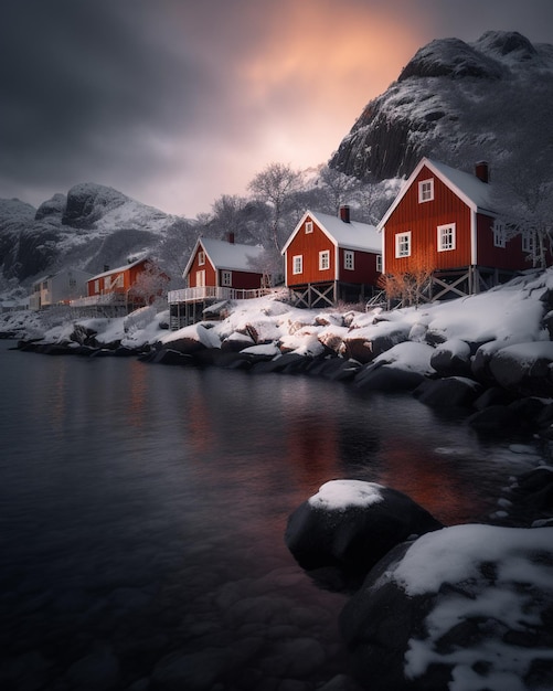 Uma paisagem de neve com uma casa vermelha em primeiro plano