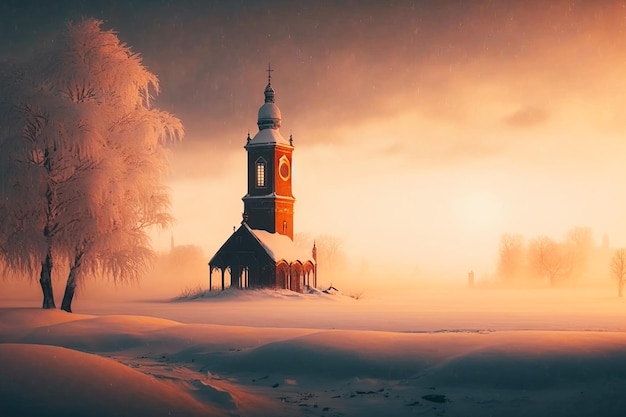 Uma paisagem de neve com uma igreja e um campanário ao fundo