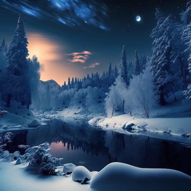 Uma paisagem de neve com uma lua no céu