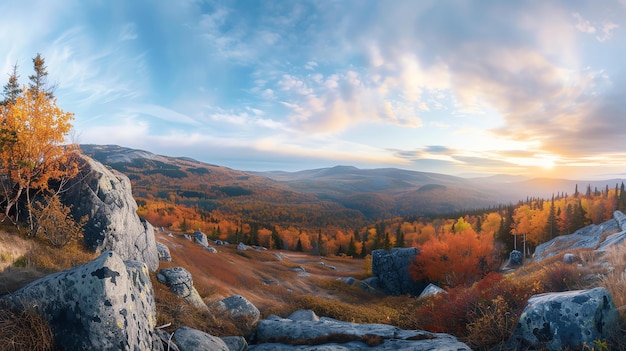 Uma paisagem de outono incrível nas montanhas árvores coloridas e céu azul com nuvens
