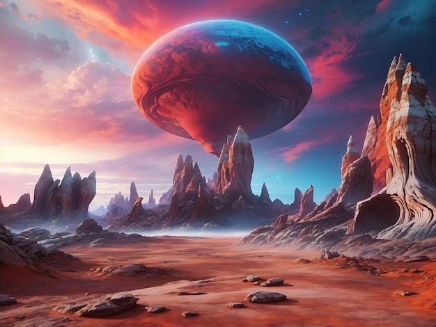 Foto uma paisagem de outro mundo com formações rochosas surreais e um céu alienígena vibrante