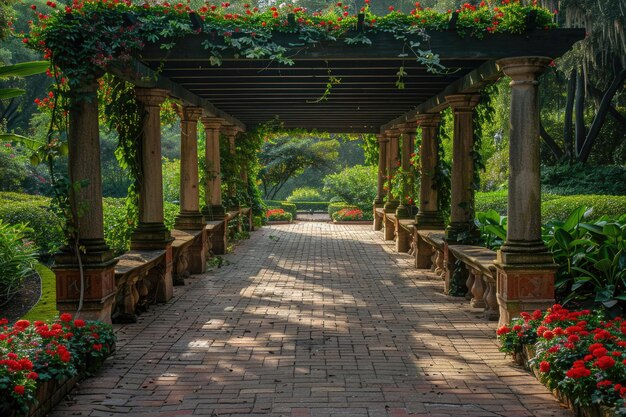 Uma paisagem de parque serena com uma mistura perfeita de folhagem natural e características arquitetônicas