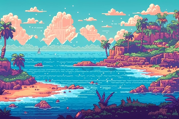 Uma paisagem de pixel art de uma ilustração colorida de arte digital de praia