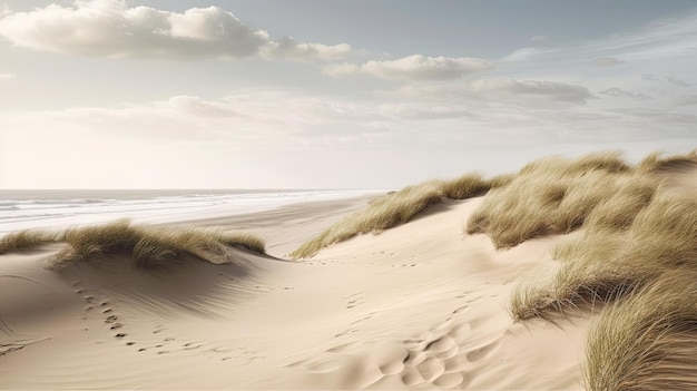 Uma paisagem de praia com dunas de areia e ondas