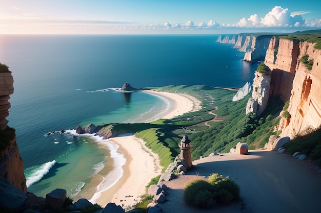 Uma paisagem de praia com um farol à esquerda e uma falésia à direita.