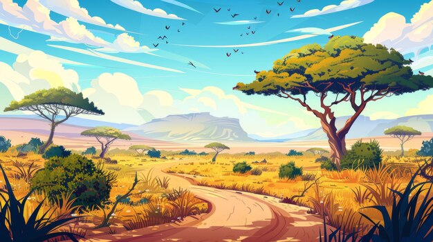 Uma paisagem de savana africana com acácias, arbustos de grama verde, estradas e cadeias de montanhas. Ilustração de desenho animado moderno