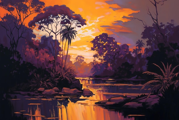 Uma paisagem de selva durante o crepúsculo