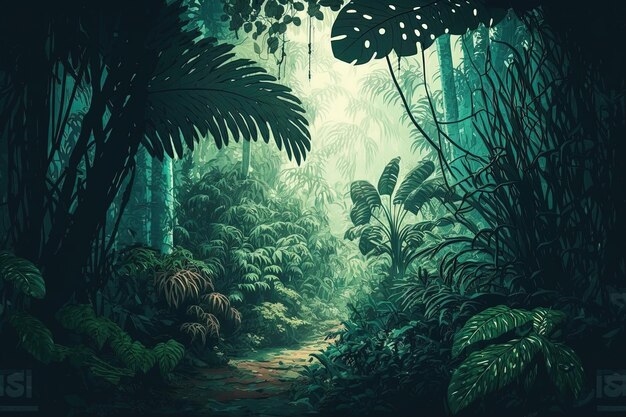 Uma paisagem de selva tropical com uma mistura vibrante de vida vegetal e árvores imponentes O sol brilha sobre o exuberante Gerado por IA
