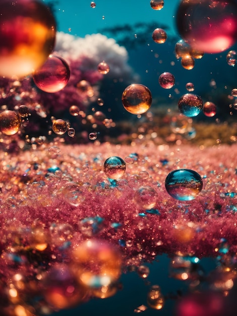 Uma paisagem de sonho de bolhas cintilantes suspensas num mar de cores