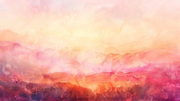 Uma paisagem de sonho de pôr-do-sol capturada em uma pintura a aquarela com suaves traços de cor-de-rosa pastel e