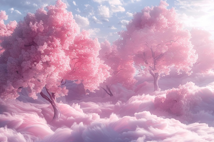 Foto uma paisagem de sonho encantadora com árvores de cerejeira rosa em flor em um céu de algodão doce