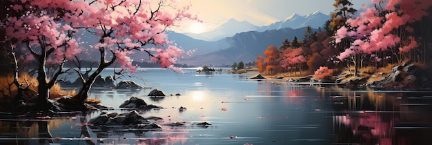 Uma paisagem de um gentil pôr-do-sol através dos galhos de uma cerejeira em flor ao lado do rio transmitindo uma atmosfera sonhada e sobrenatural na beleza da natureza.