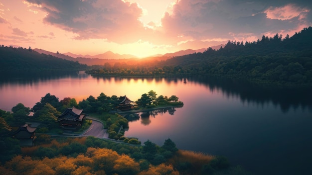 Uma paisagem de um lago com um pôr do sol ao fundo