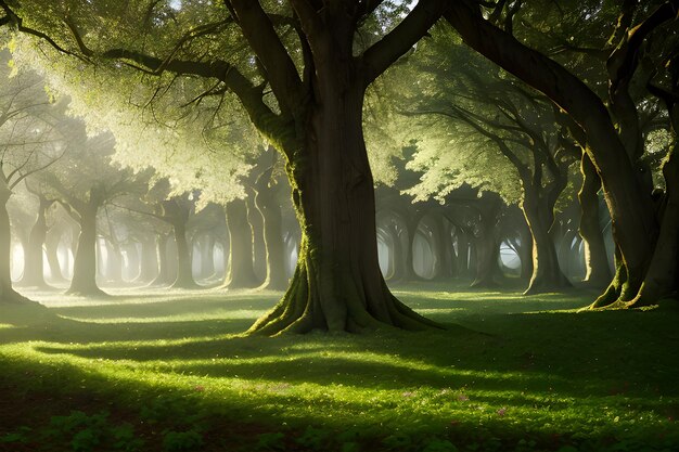 Uma paisagem de uma floresta encantada onde as árvores ganham vida e emitem um suave brilho etéreo