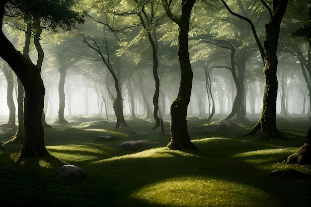 Uma paisagem de uma floresta encantada onde as árvores ganham vida e emitem um suave brilho etéreo