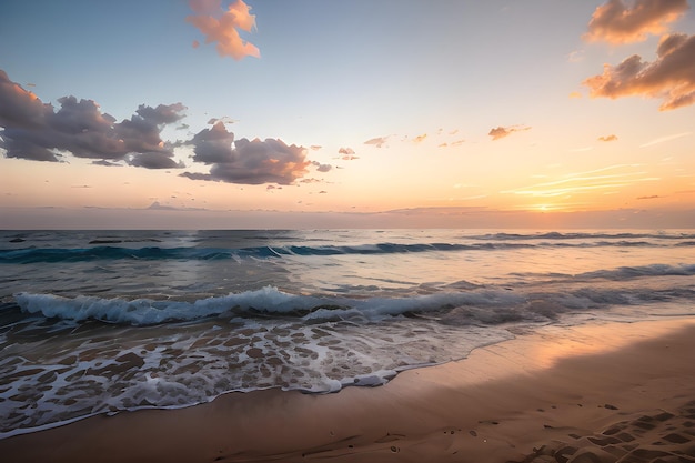 Uma paisagem de uma praia serena ao pôr-do-sol com areia dourada, ondas suaves e um céu de cores pastel