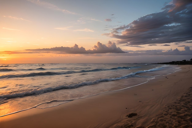 Uma paisagem de uma praia serena ao pôr-do-sol com areia dourada, ondas suaves e um céu de cores pastel