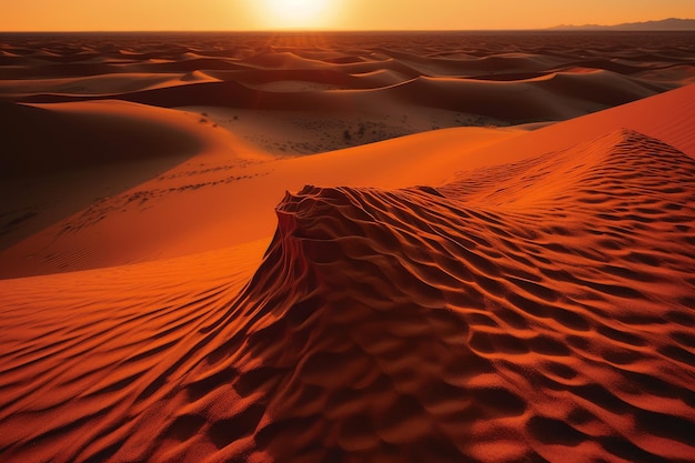 Uma paisagem desértica com dunas de areia e o pôr do sol.