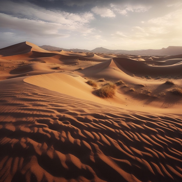 Uma paisagem desértica com dunas de areia e um céu nublado.