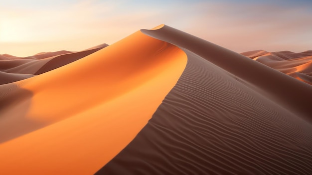 Uma paisagem desértica com dunas de areia e um céu pôr do sol