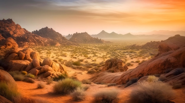 Uma paisagem desértica com montanhas e um pôr do sol.