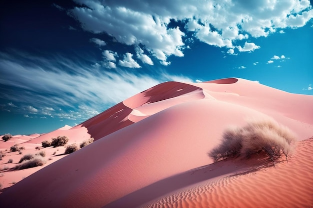 Uma paisagem desértica com uma duna de areia rosa e um céu azul com nuvens.