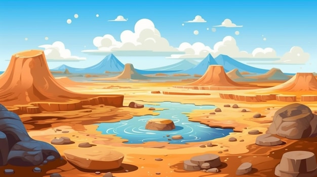 Uma paisagem desértica de desenho animado com um pequeno lago e rochas generativas ai