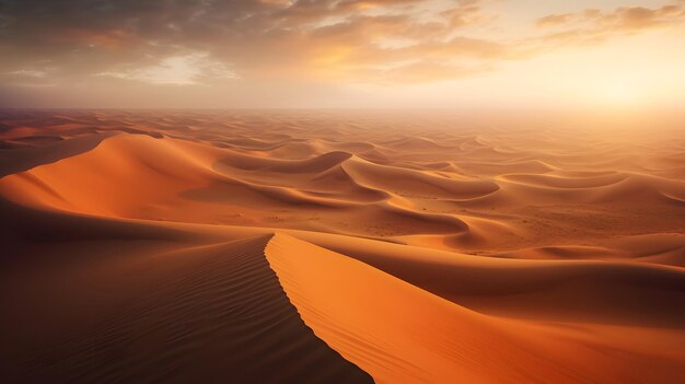 Uma paisagem desértica serena com dunas de areia onduladas e formações dramáticas de nuvens