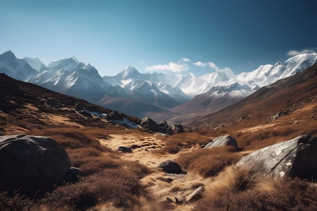 Uma paisagem deslumbrante e serena de uma cordilheira com um céu azul claro e picos cobertos de neve Generative ai