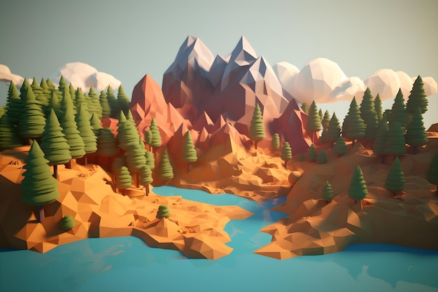 Uma paisagem digital com montanhas e um lago.