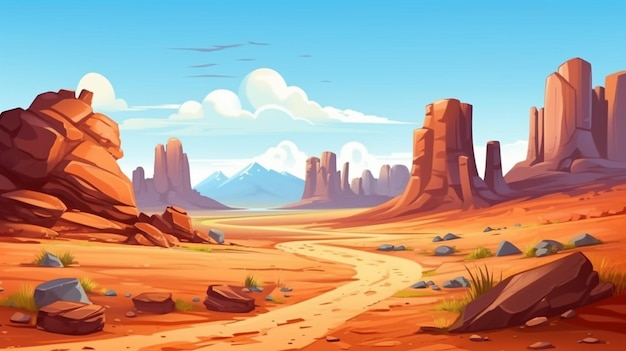 Uma paisagem do deserto dos desenhos animados com rochas e uma estrada de terra generativa ai