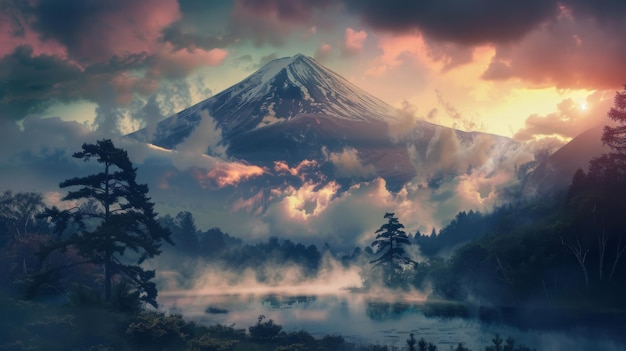 Foto uma paisagem dramática com o monte fuji envolto em névoa e nuvens evocando uma sensação de mistério e encantamento