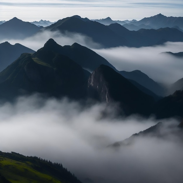 Uma paisagem dramática de uma cordilheira com neblina rolando