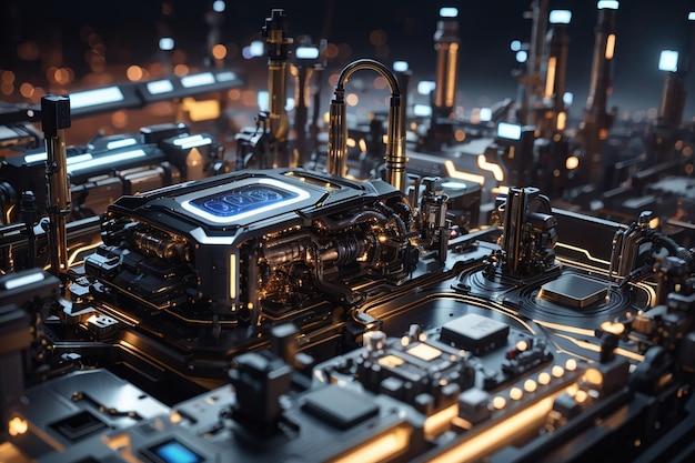 Uma paisagem elegante e metálica de máquinas e circuitos interconectados, alimentada por uma misteriosa fonte de energia