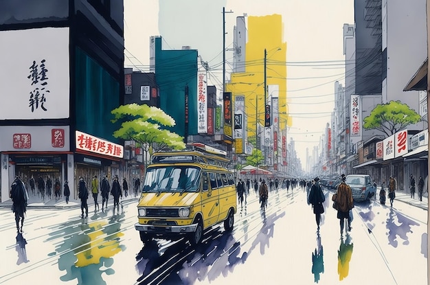 Uma paisagem em aquarela de Shinjuku Intersection