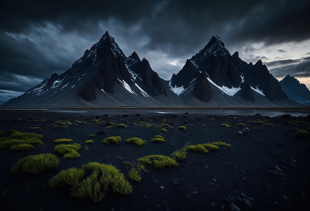 Uma paisagem escura com montanhas e grama em primeiro plano.