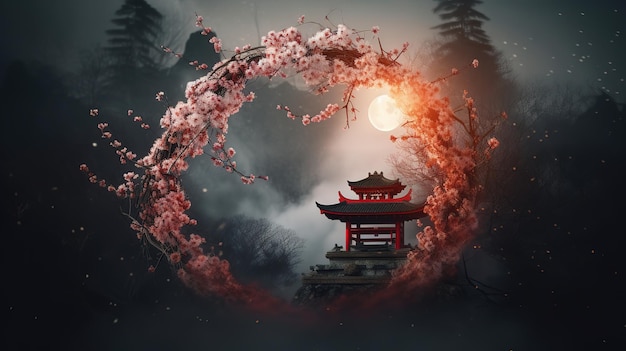 Foto uma paisagem escura com um pagode vermelho e uma lua ao fundo.