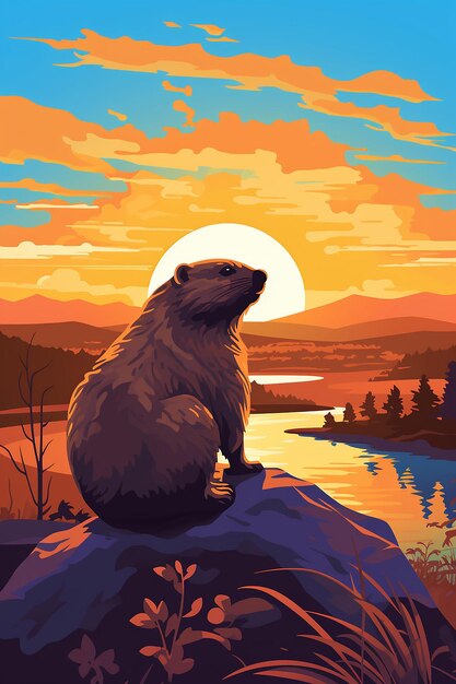 Uma paisagem estilizada do dia da marmota mostrando o momento do nascer do sol com uma silhueta de uma marmota