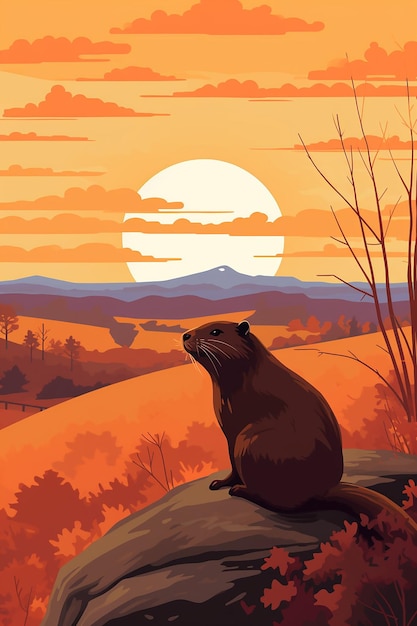 Foto uma paisagem estilizada do dia da marmota mostrando o momento do nascer do sol com uma silhueta de uma marmota