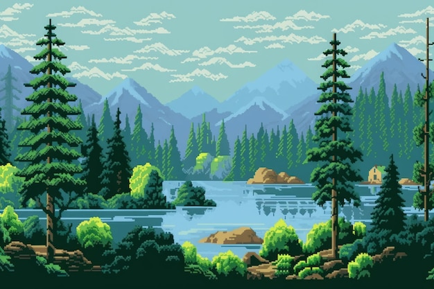 Uma paisagem estilo pixel art com montanhas e árvores.