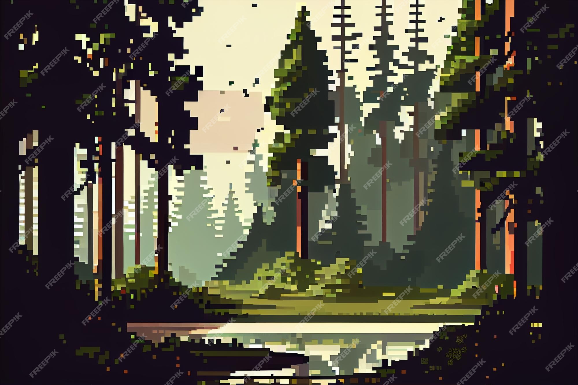 Pixel art paisagem isométrica com árvores ponte lago mina jogo de