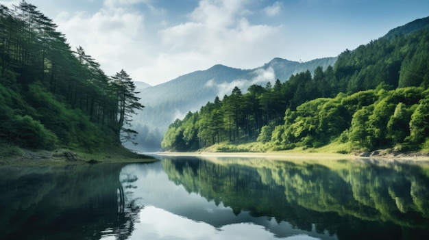 uma paisagem florestal com um lago e montanhas ao fundo