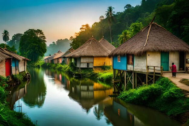 uma paisagem fluvial com casas na água e uma ponte ao fundo.