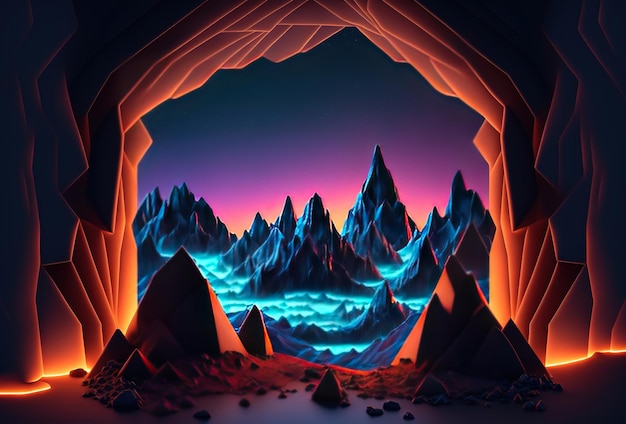 Uma paisagem futurista com montanhas de baixo polígono iluminadas por luz de néon em um fundo gradiente Imersão em um mundo cibernético virtual surreal renderização em 3D gerada por IA