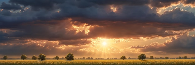 Uma paisagem hipnotizante com o pôr do sol sobre uma planície serena com o céu pintado em lindos tons e os raios do sol brilhando através das nuvens