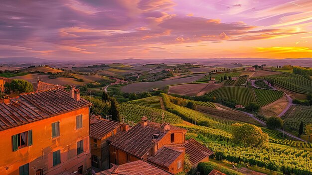 Uma paisagem incrível da Toscana com um belo pôr-do-sol sobre as vinhas