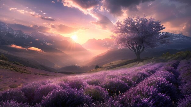 Foto uma paisagem incrível de flores com campos de lavanda roxa no verão na frança