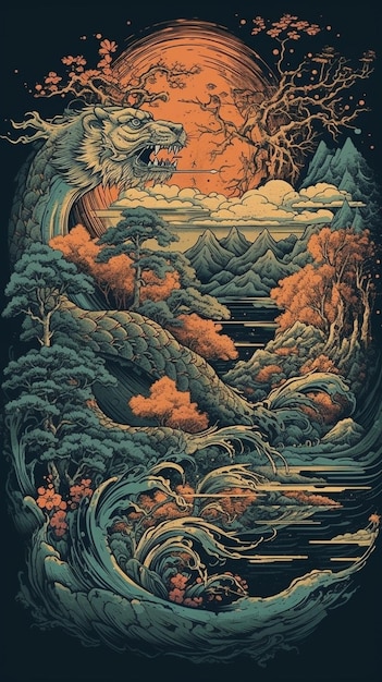 Uma paisagem japonesa com um dragão no topo