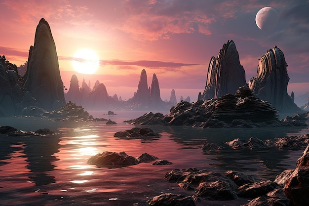 Uma paisagem lunar abstrata deserta planetas alienígenas durante o nascer do sol