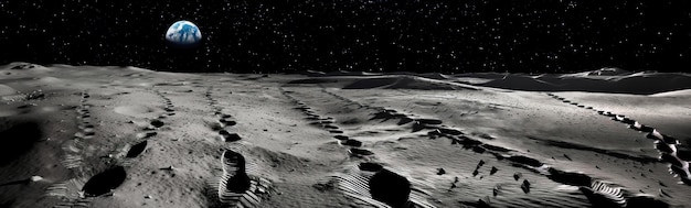 Foto uma paisagem lunar com múltiplas trilhas de pegadas de astronautas levando em várias direções ilustrando os caminhos da ia geradora de exploração lunar